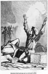 Gavroche était tombé pour se relever, illustration des « Misérables » de Victor Hugo (1802-85), gravée par Jules Léon Perrichon (1836-97)