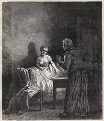 Marguerite entre dans la chambre de Fantine et Fantine lui montre deux Napoléons (pièces) qui peuvent sauver Cosette, sa fille - Illustration par Gustave Brion (1824-1877) pour « Les Misérables - Première partie : Fantine » de Victor Hugo (1802-1885) 1862