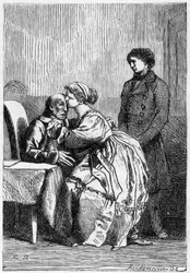 Marius et Cosette visitent Jean Valjean malade - dans «Les Misérables» par Victor Hugo, ill. par Brion, éd. Hetzel et Lacroix