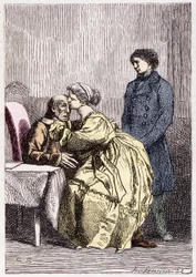 Marius et Cosette rendent visite à Jean Valjean malade - dans « Les Misérables » de Victor Hugo, ill. par Brion, éd. Hetzel et Lacroix