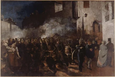 Pompiers courant vers un incendie, entre 1850 et 1851