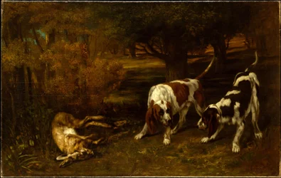 Chiens de chasse avec lièvre mort