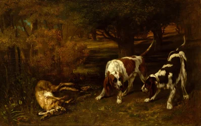 Chiens de chasse avec lièvre mort