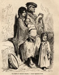 Une famille de danseurs nomades se reposant dans les rues de Séville. Croquis pris sur le vif par Gustave Doré (1832-1883). Gravure pour illustrer le voyage en Espagne, en 1862 par Charles Davillier et Gustave Doré, dans « Le tour du monde, nouveau journal