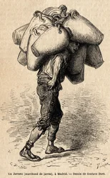 Un marchand de jarres, croquis pris sur le vif à Madrid. Gravure par Gustave Doré (1832-1883) pour illustrer son voyage en Espagne, avec Ch. Davillier (éditeur), en 1862