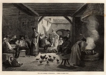 Une auberge (vente) en Estrémadure, qui accueille ouvriers et voyageurs ainsi que divers animaux domestiques ou non, on peut boire à la cruche commune suspendue aux poutres ou individuellement et on peut aussi manger une soupe toujours sur le feu. Gravure 
