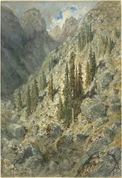 Une vallée alpine avec des arbres et des rochers