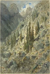 Une vallée alpine avec des arbres et des rochers