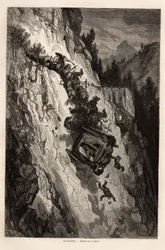 Un accident de diligence, dessin par Gustave Doré (1832-1883), pour illustrer son voyage en Espagne, avec C. Davillier, en 1862. Gravure dans « Le tour du monde », édité par Edouard Charton