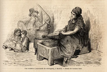 Une marchande de châtaignes en plein air, avec son four portable, croquis sur le vif à la Puerta del Sol, à Madrid. Gravure par Gustave Doré (1832-1883) pour illustrer son voyage en Espagne, avec Ch. Davillier (éditeur), en 1862, publié dans "Le tour du mo