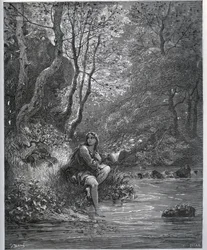 Apparition de Dorothée en habits de fermière - de "Don Quichotte de la Manche" par Miguel Cervantes (1547-1616) - Gravure sur bois d