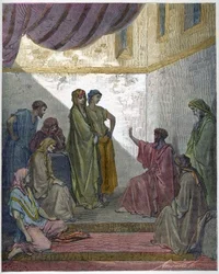 Baptême de Corneille le Centurion - Corneille le Centurion reçoit la foi de Jésus-Christ et est baptisé par Saint Pierre. - Gravure dans « La Bible illustrée » par Gustave Doré (1832-1883) - Gravure de « La Bible de Doré »