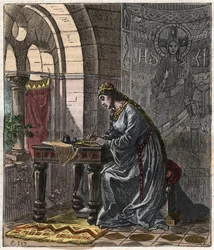 Bertrade de Montfort, reine de France (épouse de Philippe Ier roi de France) à Fontevrault - Gravure par Gustave Doré du 19ème siècle dans « Histoire nationale illustrée de la France des temps les plus reculés à nos jours » 1876 - Collection privée