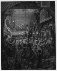 Billingsgate - Vente de poisson à la criée. Illustration pour Londres par Louis Enault illustrée par Gustave Doré