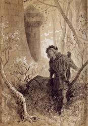 Blondel entendant la voix de Richard Cœur de Lion, illustration pour Gargantua et Pantagruel par François Rabelais (1483-1494 - 1553), gravure par Gustave Doré (1832-1883)