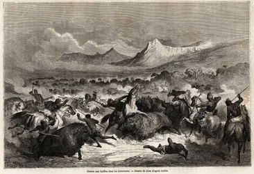 Chasse au bison parmi les Delawares, Amérindiens vivant sur les rives de la rivière du même nom, dessin par Gustave Doré (1832-1883), pour illustrer le voyage du Mississippi à l