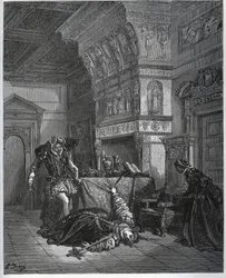 Camille feint le suicide devant Lothaire et Léonella - de « Don Quichotte de la Manche » par Miguel Cervantes - Gravure sur bois d