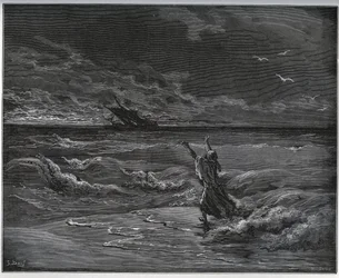 Histoire du captif. Aagi-Morato, le père de Zoraïde, est en barque sur le rivage de « Don Quichotte de la Manche » par Miguel Cervantes (1547-1616) (Don Quichotte) - Gravure sur bois d