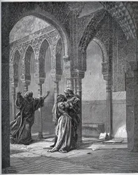 Histoire du captif. Première rencontre du captif avec Zoraïde dans le jardin de son père - de "Don Quichotte de la Manche" par Miguel Cervantes - Gravure sur bois d