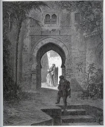 Histoire de captive. Première rencontre de la captive avec Zoraïde dans le jardin du père, qui la ramène après sa feinte malaise - de "Don Quichotte de la Manche" de Miguel Cervantes
