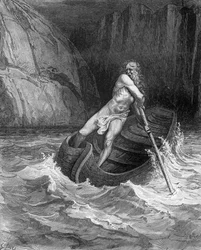 Charon, le passeur des enfers, tiré de la « Divine Comédie » (Enfer) de Dante Alighieri (1265-1321), gravé par Stéphane Pannemaker (1847-1930), vers 1868