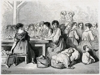 Cigarreras de Séville. Manufacture de cigares, ouvriers, tabac. Dessin de Gustave Doré illustrant le "Voyage en Espagne" de Charles Davillier
