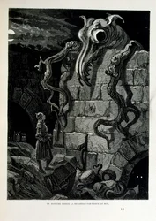 Croque-Mitaine; illustration de 1863, par Gustave Doré (1832 – 1883); artiste français, graveur, illustrateur. Croque-Mitaine (Le Croque-mitaine) un personnage maléfique présenté aux enfants pour les effrayer et ainsi les rendre plus sages.