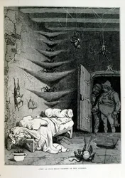 Croque-Mitaine; illustration de 1863, par Gustave Doré (1832-1883); artiste français, graveur, illustrateur. Croque-Mitaine (Le croque-mitaine) un personnage maléfique présenté aux enfants pour les effrayer et ainsi les rendre plus sages.