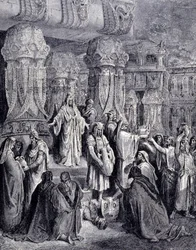 Cyrus II le Grand (580 av. J.-C. - 530 av. J.-C.) libéra les peuples captifs lors de son arrivée à Babylone en 539 av. J.-C. et rendit au peuple juif les vases sacrés qui avaient été pris comme butin dans le temple de Jérusalem. Gravure de Gustave Doré.