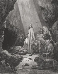 Daniel dans la fosse aux lions, Daniel 6:16-17, illustration de La Sainte Bible de Doré, gravée par Piaud, 1866