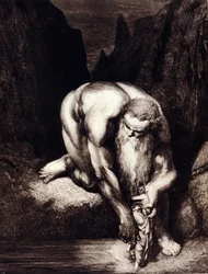 Dante et Virgile rencontrent le géant Antée. Ill. pour la Divine Comédie de Dante Alighieri par Gustave Doré