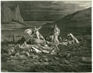 Dante et Virgile naviguent, guidés par le Nocher Phlégias, sur le Styx où des damnés essaient de monter dans le bateau. Gravure de L