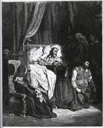 Mort de Don Quichotte - de "Don Quichotte de la Manche" par Miguel Cervantes - Gravure sur bois d