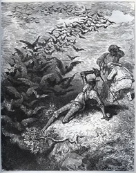 Don Quichotte à la grotte de Montesinos - Un nombre infini de corbeaux et de freux sortent de la grotte de Montesinos, renversant Don Quichotte au sol (II, 22) - de « Don Quichotte de la Manche » de Miguel Cervantes (1547-1616) - Gravure sur bois d