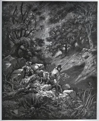 Don Quichotte et Sancho Panza continuent leur voyage dans la Sierra Morena à la recherche de la Deguenille-de-la-Malaise-Mine - de "Don Quichotte de la Manche" par Miguel Cervantes (1547-1616) - Gravure sur bois d