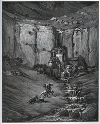 Don Quichotte et Sancho Panza découvrent la cause de leur inquiétude, une cascade et un moulin à foulon - de "Don Quichotte de la Manche" par Miguel Cervantes (1547-1616) - Gravure sur bois d