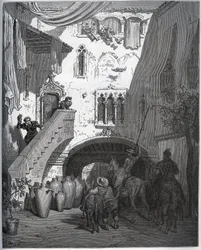 Don Quichotte et Sancho Panza, invités par Don Diego de Miranda chez lui, sont accueillis par la femme et le fils du gentilhomme - de "Don Quichotte de la Manche" par Miguel Cervantes (1547-1616) - Gravure sur bois d