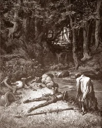 Don Quichotte et Sancho Panza se rafraîchissent à un ruisseau Gravure de Gustave Doré (1832-1883) pour « L