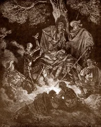 Don Quichotte et Sancho Panza avec les chevriers, gravure de Gustave Doré pour 