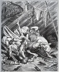 Don Quichotte et un muletier se battant pour Maritornes, la gouvernante, que Don Quichotte prend pour sa Dulcinée - de « Don Quichotte de la Manche » de Miguel de Cervantes (1547-1616) - gravure sur bois d