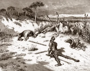 Don Quichotte et Sancho Panza après la rixe avec les gardes et les criminels. Gravure de Gustave Doré (1832-1883) pour « L