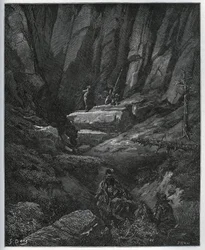 Dorothée et le barbier viennent chercher Don Quichotte alors en pénitence - de « Don Quichotte de la Manche » par Miguel Cervantes - Gravure sur bois d