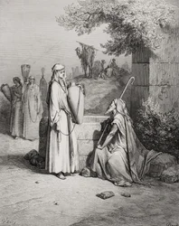 Éliézer et Rébecca, Genèse 24:15-21, illustration tirée de 