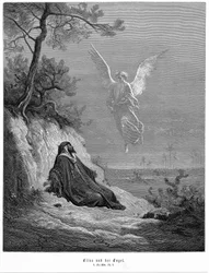 Élie va dans le désert et demande à mourir, mais un ange vient et lui ordonne : « Lève-toi et mange. » Bible, 1 Rois 19,5. De la Bible de Gustave Doré 1865-1856. Gravure sur bois