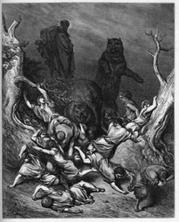 Élisée maudit les jeunes de Béthel - Les enfants de Béthel détruits par des ours - Élie maudit les jeunes de Béthel - gravure dans « La Bible illustrée » par Gustave Doré (1832-1883) - Gravure de « La Bible de Doré »