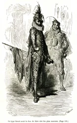 Gravure de Gustave Doré illustrant le roman de Théophile Gautier "Le Capitaine Fracasse". Édition Charpentier 1863. Deux comédiens (acteurs de la commedia dell