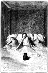 Gravure de Gustave Doré illustrant le roman de Théophile Gautier « Le Capitaine Fracasse ». Édition Charpentier 1863. Dans la résidence du Baron de Sigognac, le « Château de la Misère », une troupe de comédiens a trouvé refuge. Trois actrices se sont endor