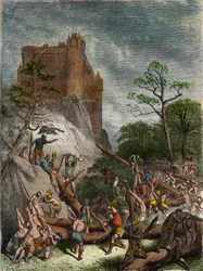 Féodalité au Moyen Âge : des serfs travaillant pour le seigneur - Gravure de Gustave Doré du XIXe siècle dans « Histoire nationale illustrée de la France depuis les temps les plus reculés jusqu