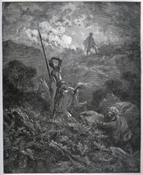 Première apparition de la Déguisée-de-la-Malaise-Mine - de « Don Quichotte de la Manche » par Miguel Cervantes (1547-1616) - Gravure sur bois d