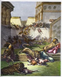 Étrangers dévorés par des lions en Samarie - Ancien Testament. Personnes dévorées par des lions en Samarie - gravure dans « La Bible illustrée » par Gustave Doré - Gravure de « La Bible de Doré »
